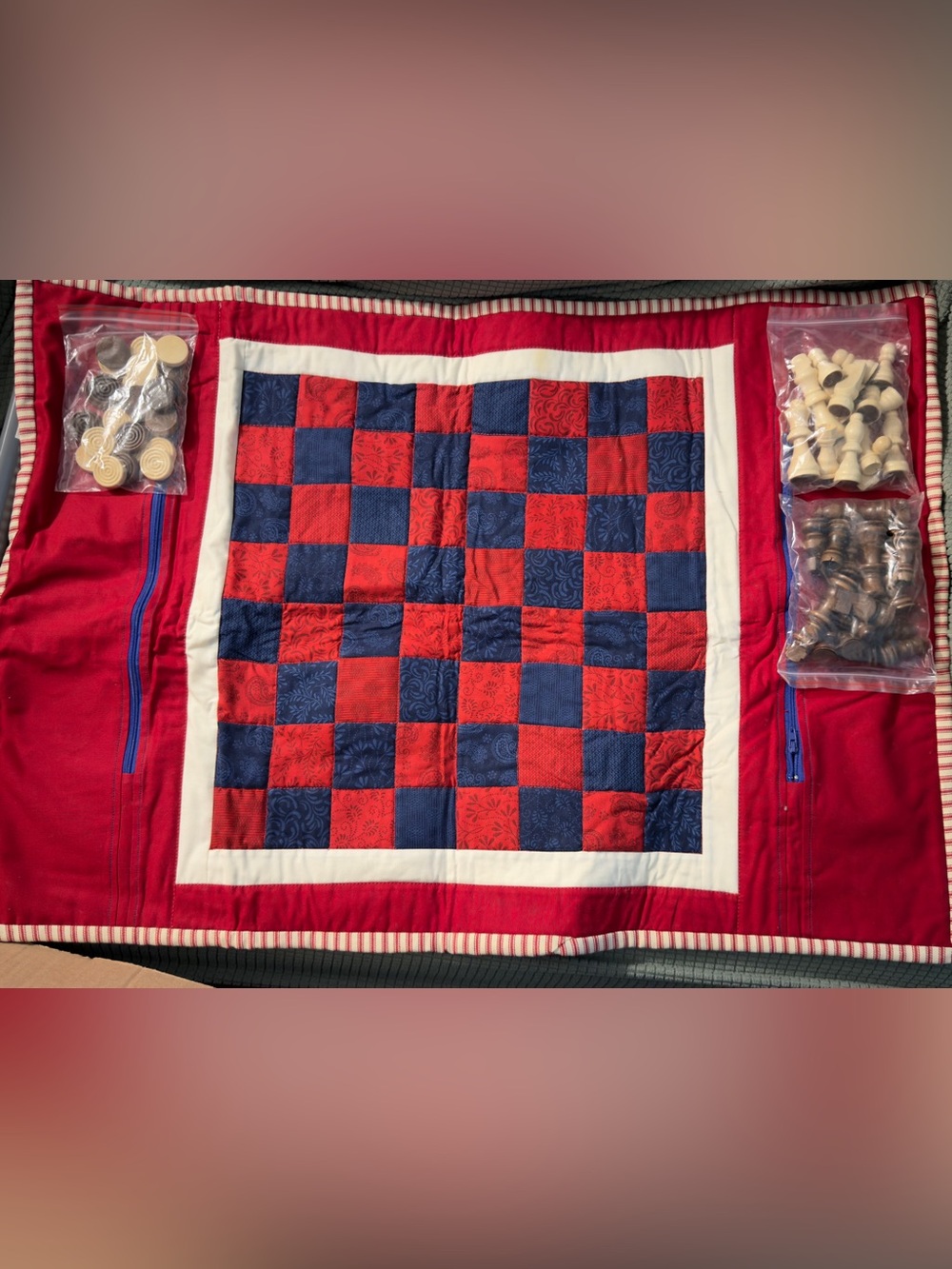 Handmade Quilted Checkers Game Board Mat w/ Wooden Game Pieces Storage Pockets